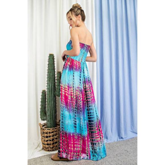 NEW EE:SOME tie dye strapless smocked maxi dress in multi - Picture 3 of 3